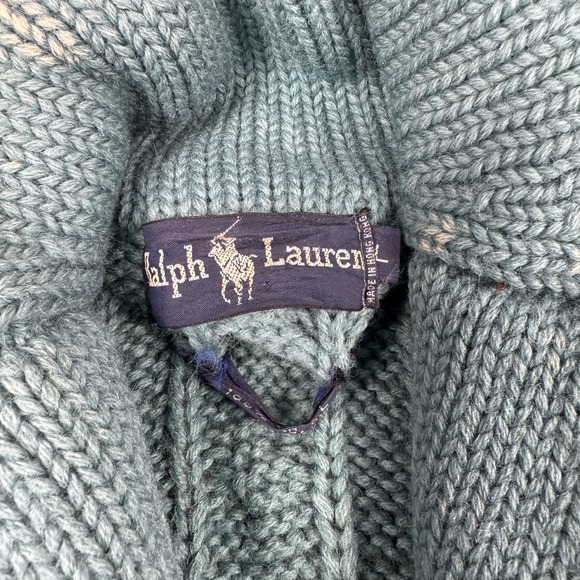 Polo Ralph Lauren Sweater Mens Large Blue Cable Knit Shawl Cardigan Lambswool - Picture 6 of 16